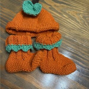 Handmade Orange and Green Baby Knit Pumpkin Hat & Booties Set